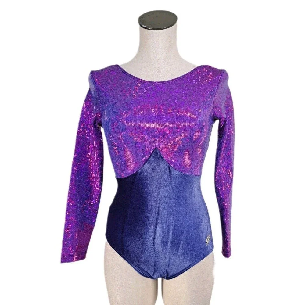 GK Elite VTG Mystique Purple Holographic LS Keyhole Leotard Blue Velvet Size AM